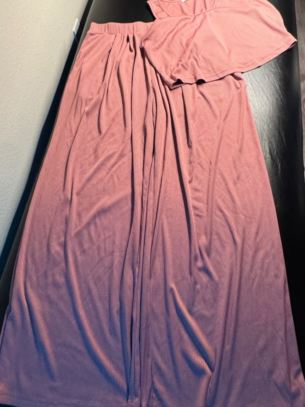 Women’s Dusty Rose Ribbed 2-Piece Maxi Skirt Set Crop Top & Long Skirt